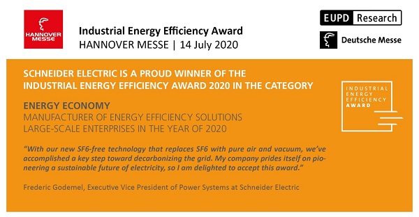 Schneider Electric gana el Industrial Energy Efficiency Award en Hannover Messe por su tecnología de aparamenta de medio voltaje sin gas SF6