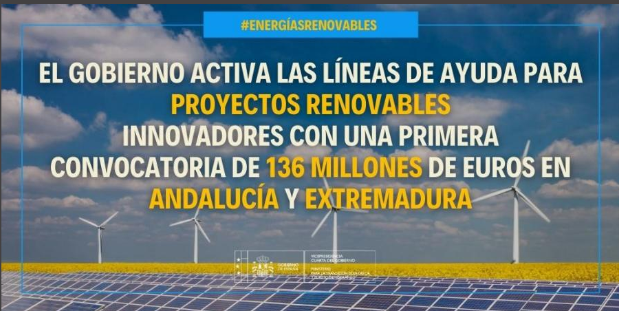 El Gobierno activa las líneas de ayuda para proyectos renovables innovadores con una primera convocatoria de 136 millones de euros en Andalucía y Extremadura