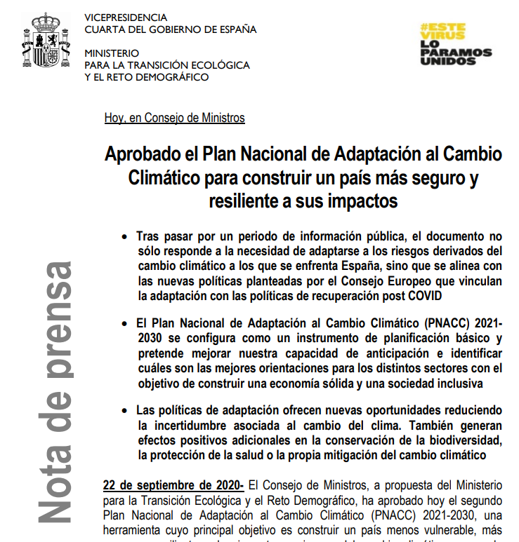 Aprobado el Plan Nacional de Adaptación al Cambio Climático para construir un país más seguro y resiliente a sus impactos