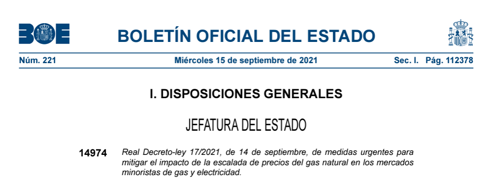 Publicación del RD 17/2021 de medidas urgentes para mitigar el impacto de la escalada de precios del gas natural en los mercados minoristas de gas y electricidad