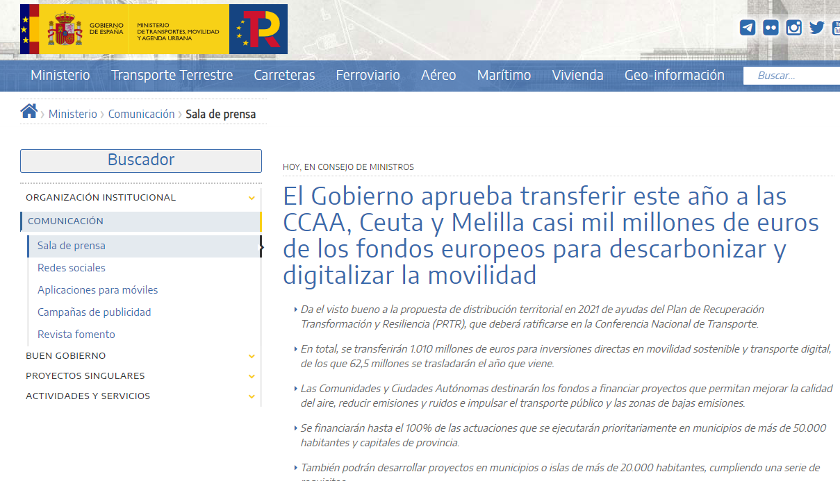 El Gobierno aprueba transferir este año a las CCAA, Ceuta y Melilla casi mil millones de euros de los fondos europeos para descarbonizar y digitalizar la movilidad