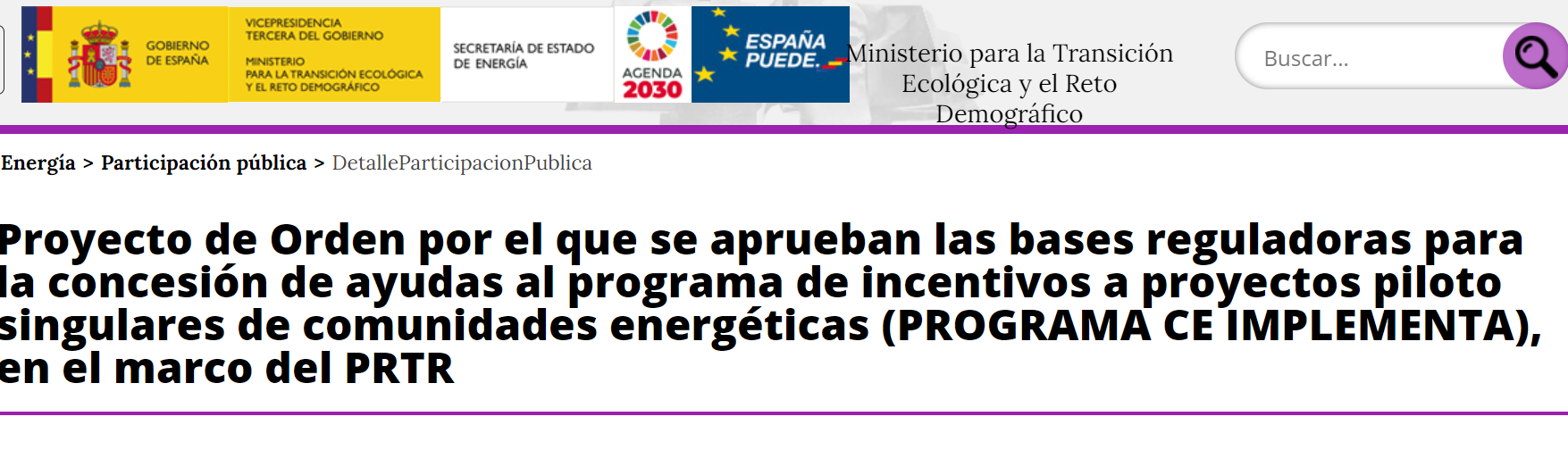 Proyecto de Orden para aprobar bases reguladoras para la concesión de ayudas al programa de incentivos a proyectos piloto singulares de comunidades energéticas 