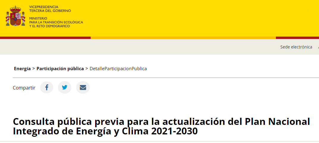 Sale la consulta pública previa para la actualización del Plan Nacional Integrado de Energía y Clima 2021-2030