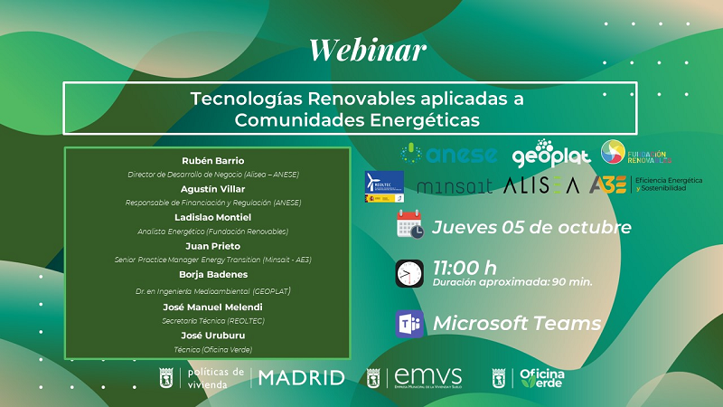 Oficina verde: jornada sobre tecnologías renovables aplicadas a comunidades energéticas