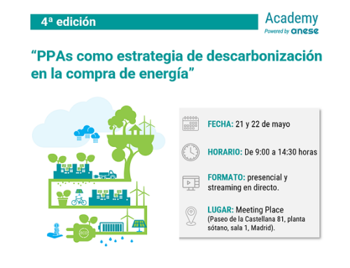 ANESE organiza la 4ª edición del curso de «PPAs como estrategia de descarbonización en la compra de energía»