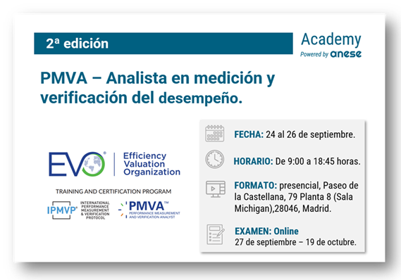 2ª edición curso PMVA de ANESE y EVO Llega la 2ª edición del curso “PMVA – Analista en medición y verificación del desempeño”, organizado por ANESE y EVO